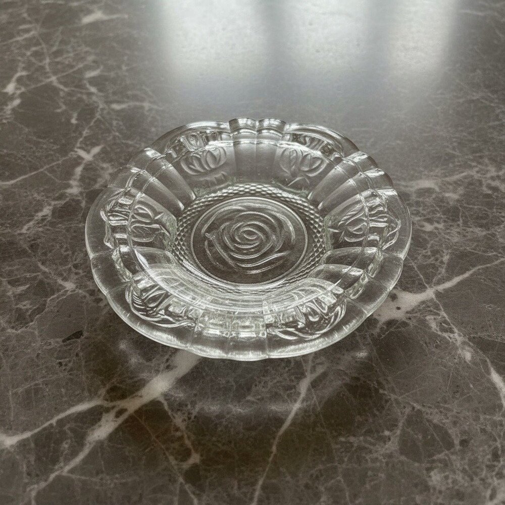 Vintage Pressed Glass Rose Motif Ashtray Clear Floral Dish
